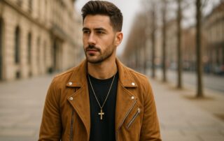 A stylish man wearing a gold cross pendant necklace with a brown suede jacket in an urban street setting, modern fashion photography style.