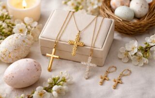 Easter gold cross gifts featuring diamond, Byzantine, and classic gold cross jewelry with spring flowers and decorative eggs.