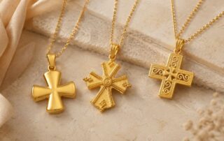 Byzantine cross necklace collection in yellow gold featuring elegant handcrafted cross pendants on a luxury neutral background.