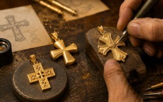 Handcrafted gold cross pendants being engraved and polished by a jeweler in a traditional workshop.