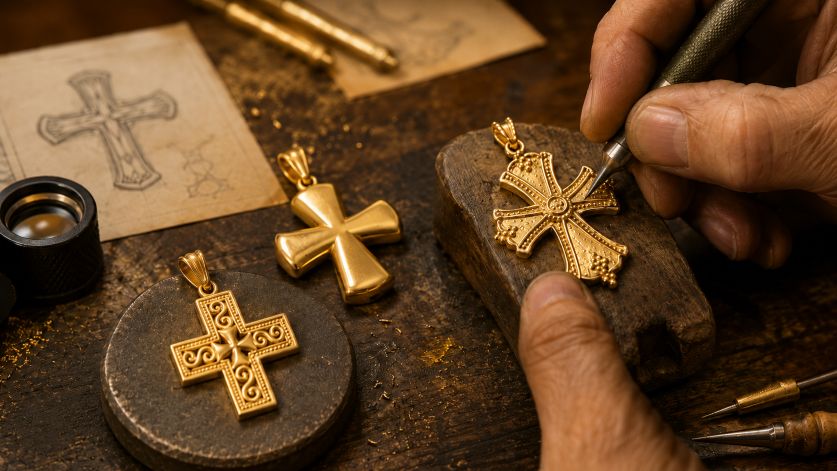 Handcrafted gold cross pendants being engraved and polished by a jeweler in a traditional workshop.