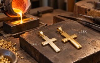 14K vs 18K gold cross comparison on a jeweler’s workbench during jewelry making, with two gold cross pendants and molten gold in the background.